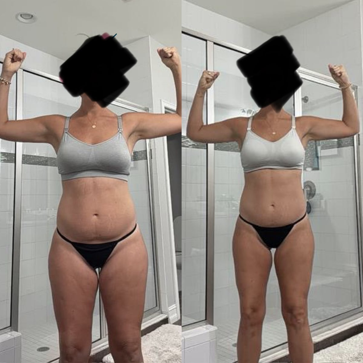 Client progress photos, before and after: front view, arms raised in a flex.