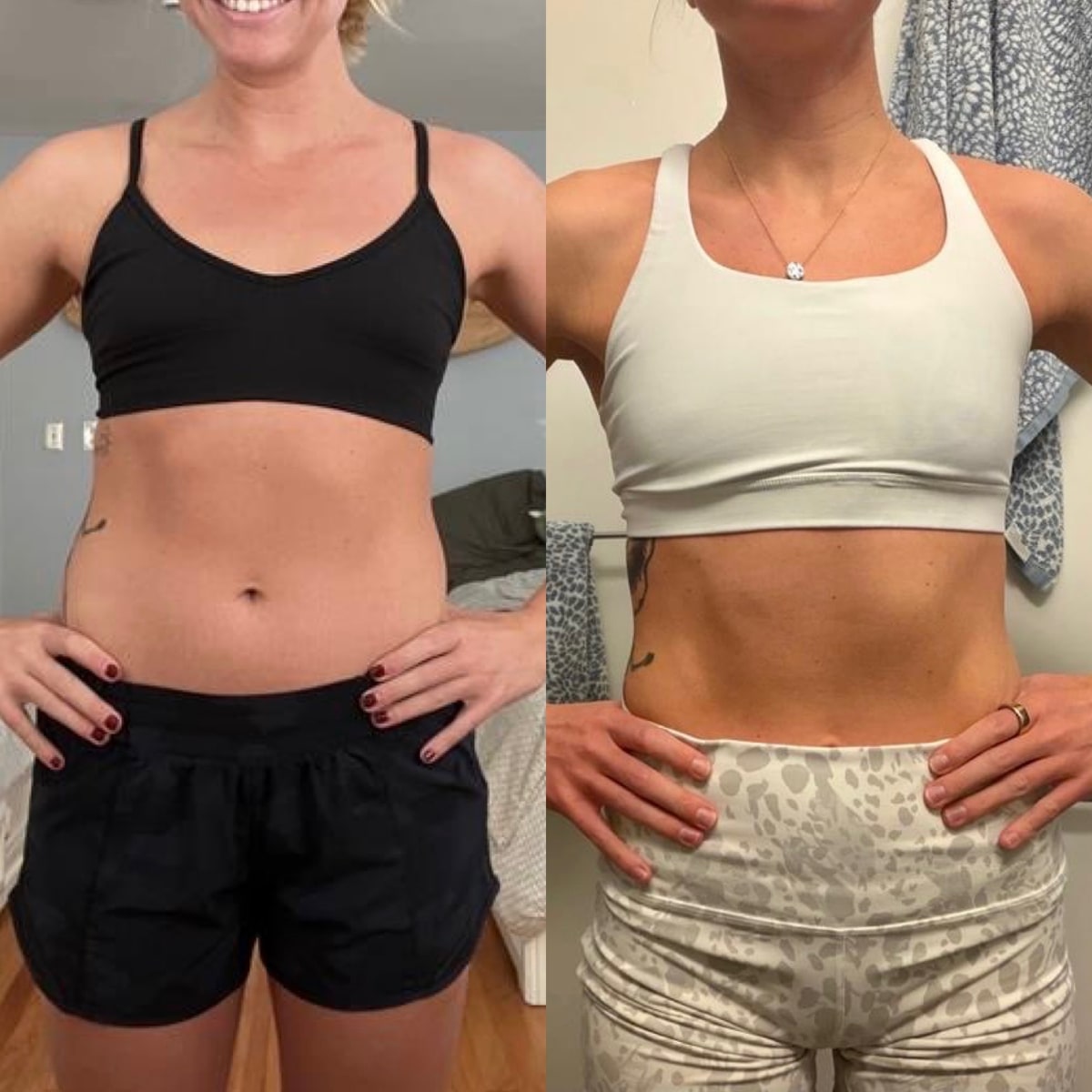 Client progress photos, before and after: front view, hands on hips.