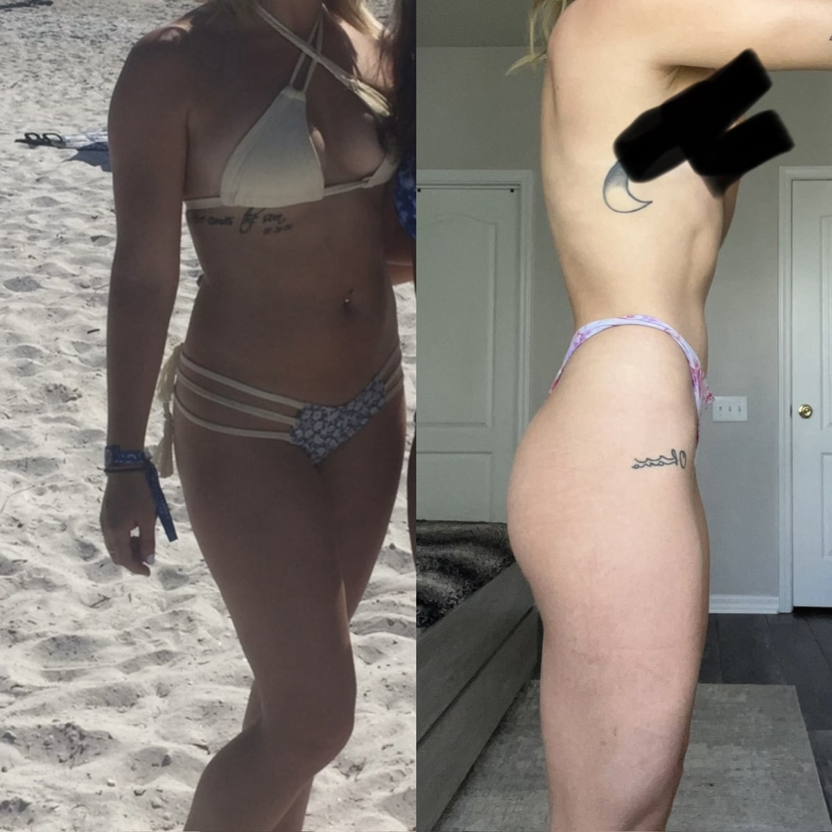 Client progress photos, before and after: a beach photo beside a side view at home.