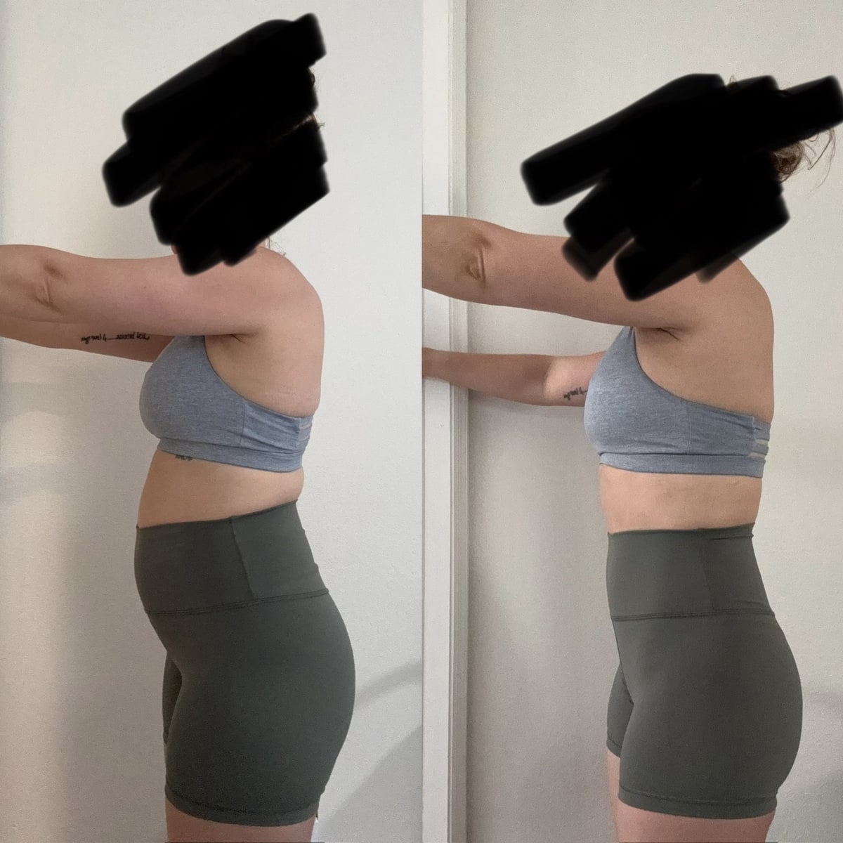 Client progress photos, before and after: side view, arms reaching forward.