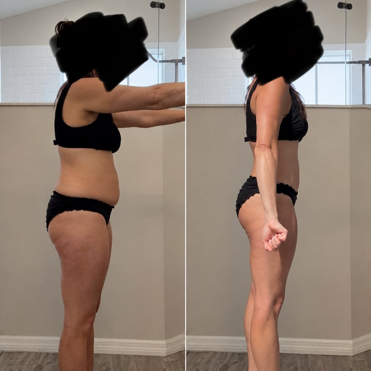 Client progress photos, before and after: side view, standing tall.