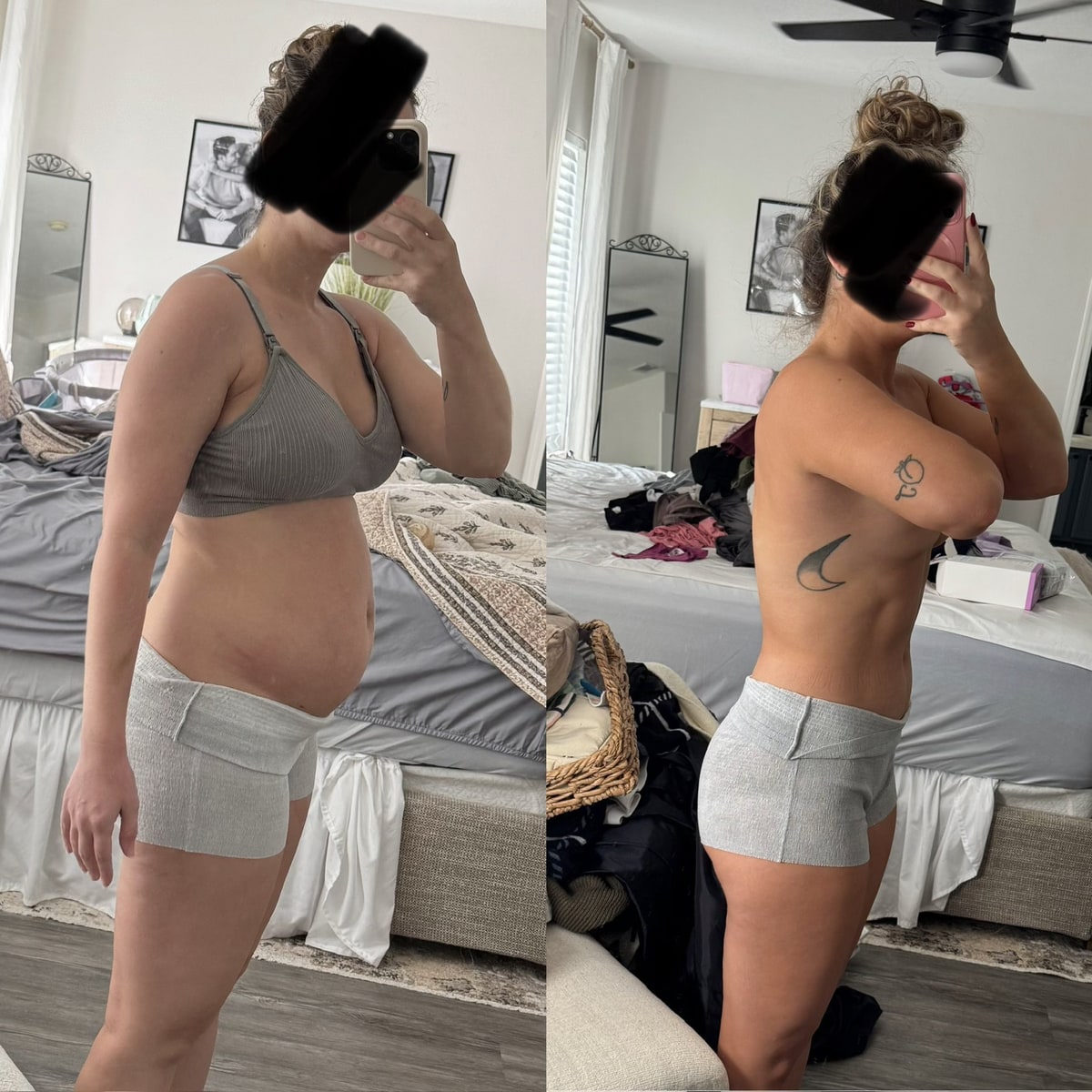Client progress photos, before and after: postpartum, a three-quarter view in a mirror.