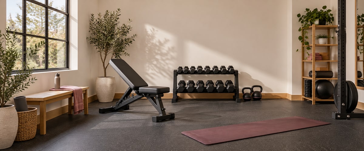 A bright home gym: an adjustable bench, a rack of dumbbells, two kettlebells and a plum exercise mat.