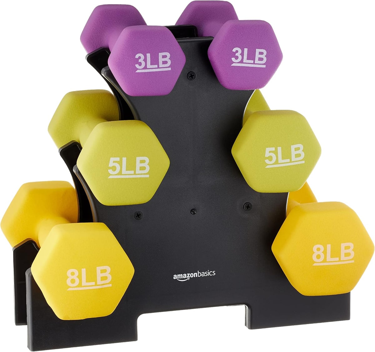 Pairs of 3, 5 and 8 lb neoprene dumbbells on a black storage rack.