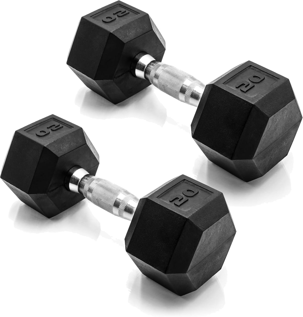A pair of black hex dumbbells.