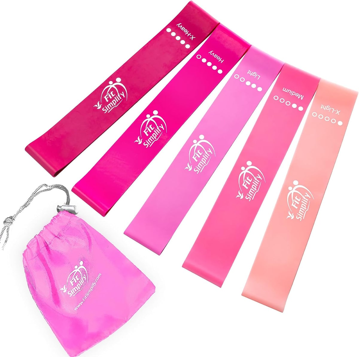 Five pink latex loop bands in graded resistances, with a drawstring bag.
