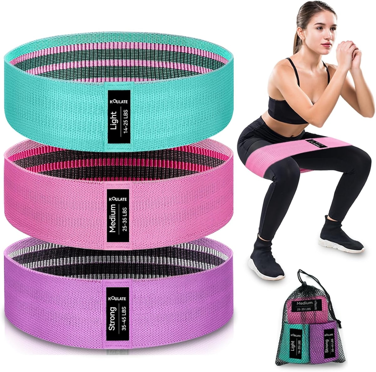 Three fabric resistance bands in teal, pink and purple, and a woman squatting with one around her legs.
