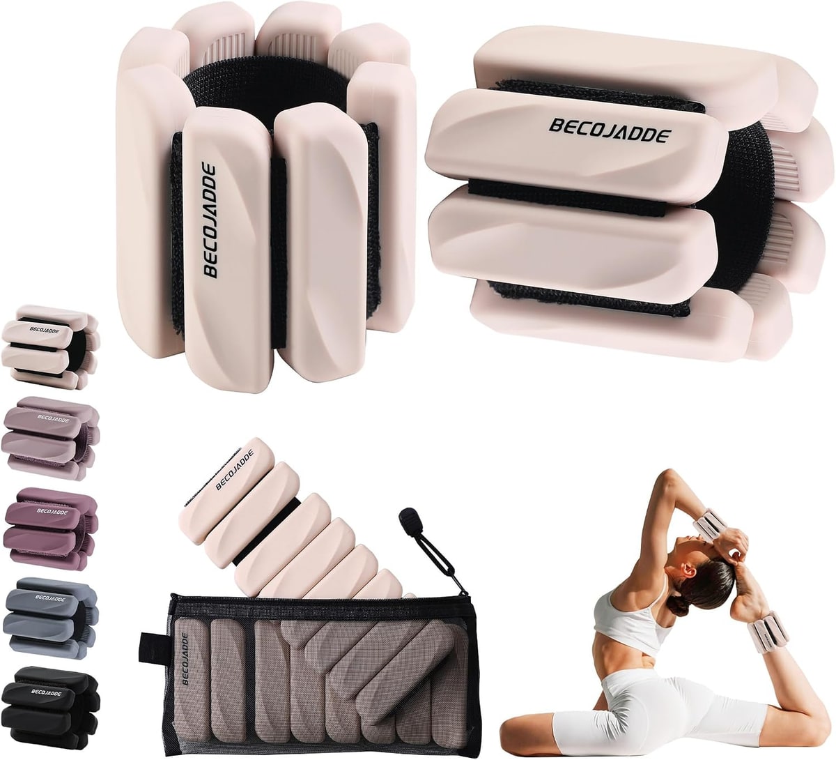 Blush silicone ankle and wrist weights, with a carrying bag.