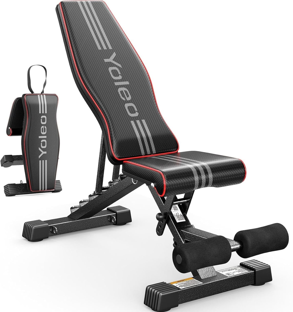 An adjustable black workout bench, raised to an incline.