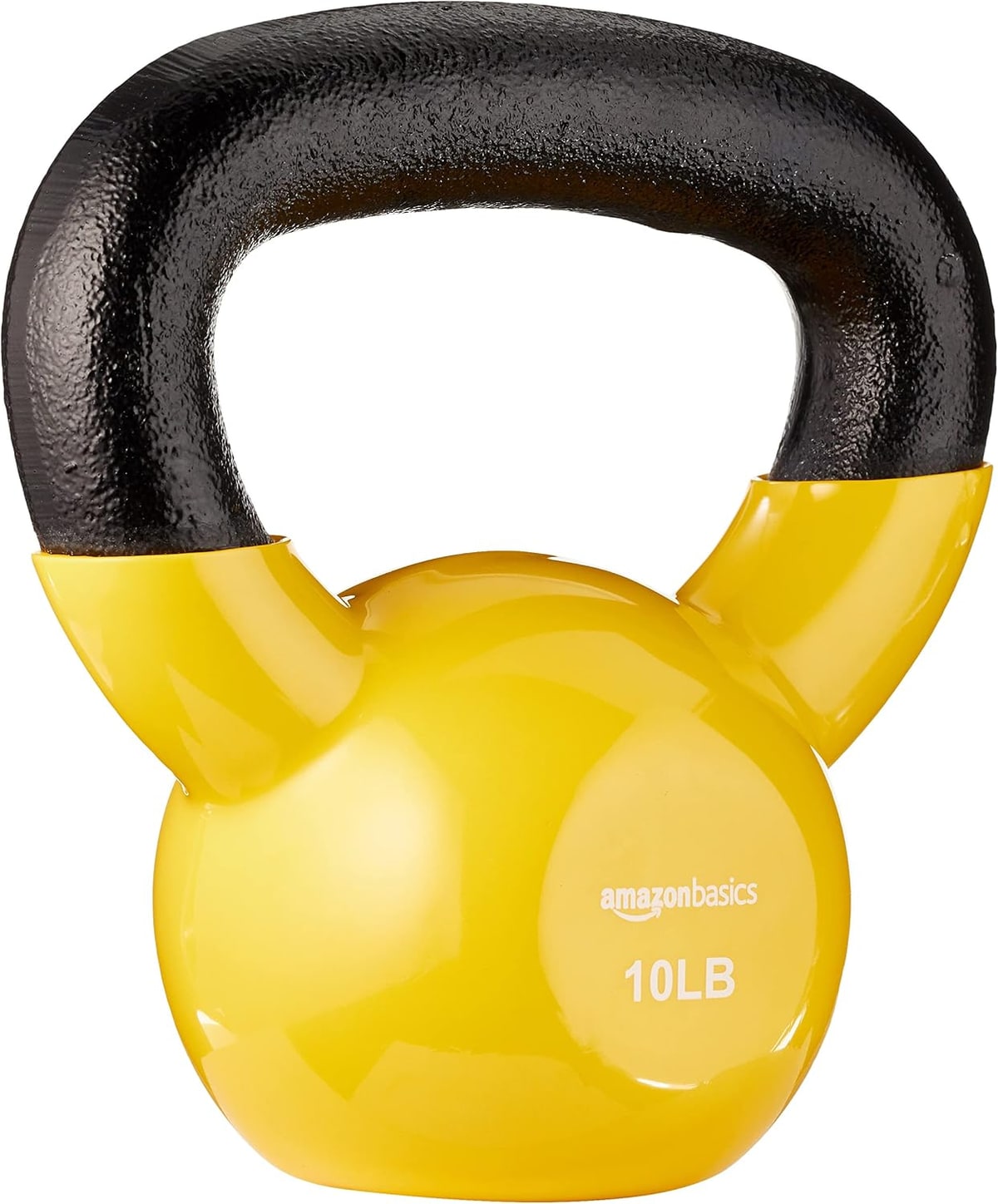 A yellow 10 lb kettlebell with a black handle.
